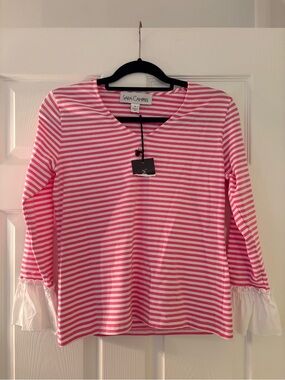 Sara Campbell Pink & White Striped Ruffle Sleeve Tee